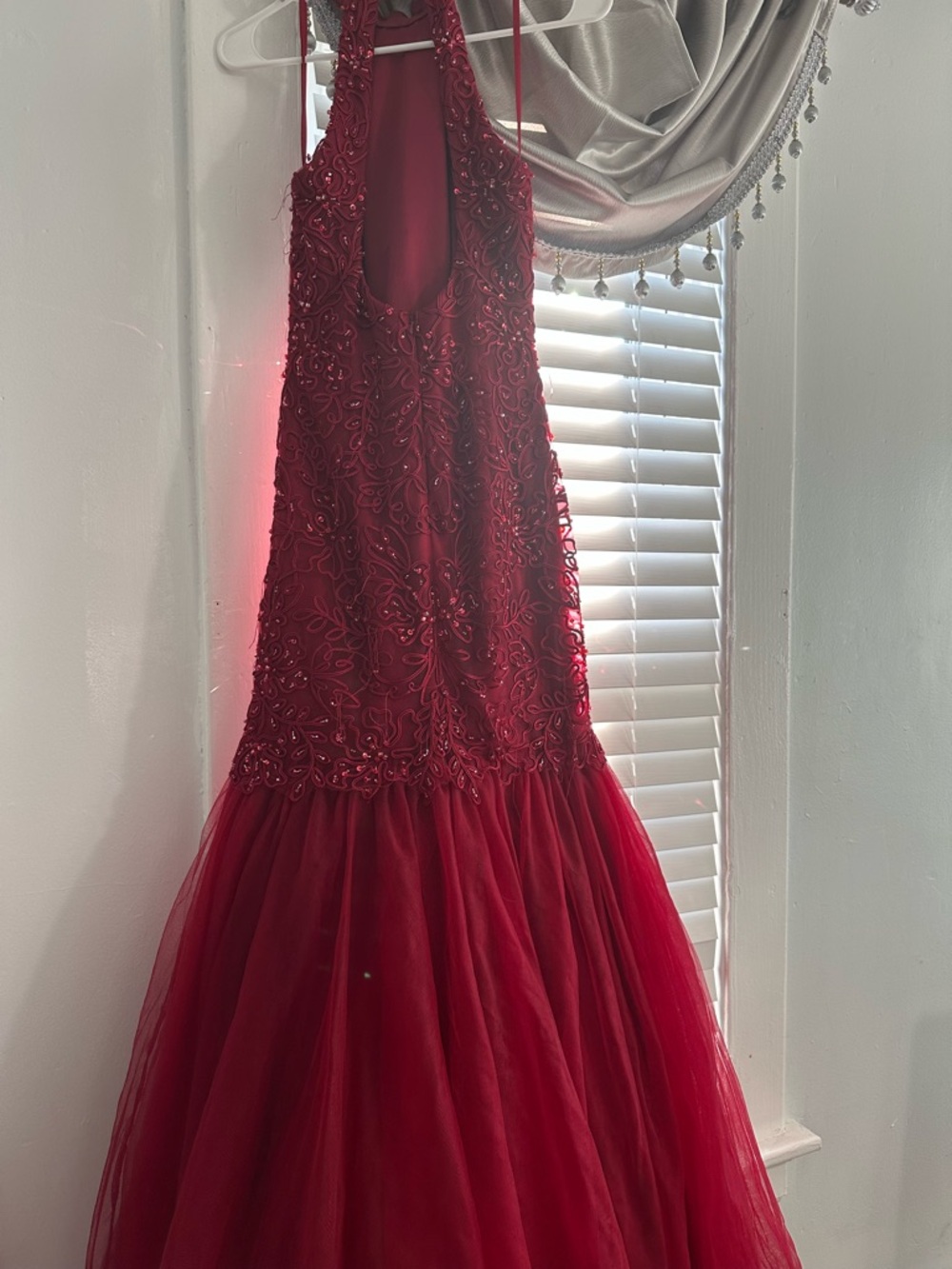 Anny Lee Deep Red Beaded Halter Tulle Gown